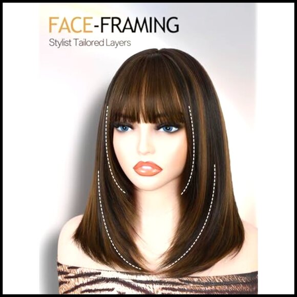 Synthetic Bob Wig with Bangs Layered Straight Glueless Ready-to-Wear Daily Use main image 6